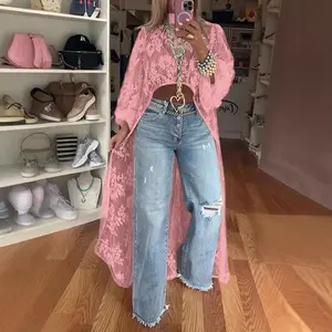 Fashion Plus Size Spring/Summer Ladies Lace Flower Front Short Back Long Top Fabric Shirts Sky Blue Pullover Blouse with Horn Sleeves