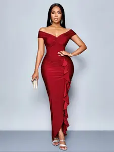 Ladies' elegant formal dress, sexy and spicy, with pleated details and high slit, one shoulder deep V-neck/cinched waist design/measured slit/asymmetrical hem, suitable for all seasons, suitable for weddings, birthday parties, Valentine's Day, dinners