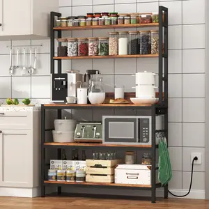 Kitchen Baker’s Rack with Power Outlet, 5-Tier Free Standing Storage Shelf Rack with Hooks, Kitchen Shelves with Storage,Industrial Microwave Stand Shelf for Dining Room,Coffee Bar for Spaces
