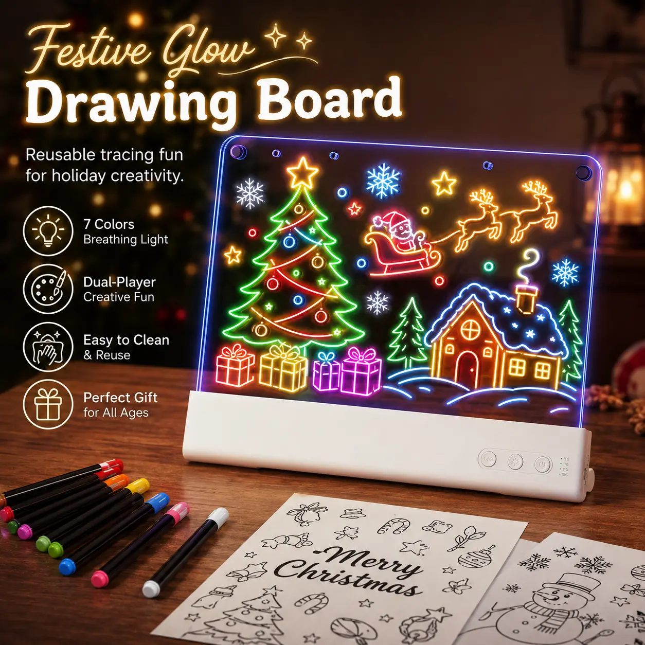 Educational LED Drawing Board for Kids, 14 Inch Rechargeable Light-Up Acrylic Doodle Pad with Animation Visual Effect, 13 Glow Modes and 8 Color Markers, Creative Learning Art Toy for Girls Boys