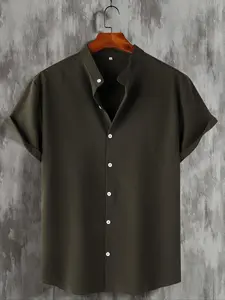 Men's Solid Button Front Shirt, Plain Casual Regular Fit Drop Shoulder Mock Neck Short Sleeve Top for Summer, Fashion Men's Clothes for Daily Wear