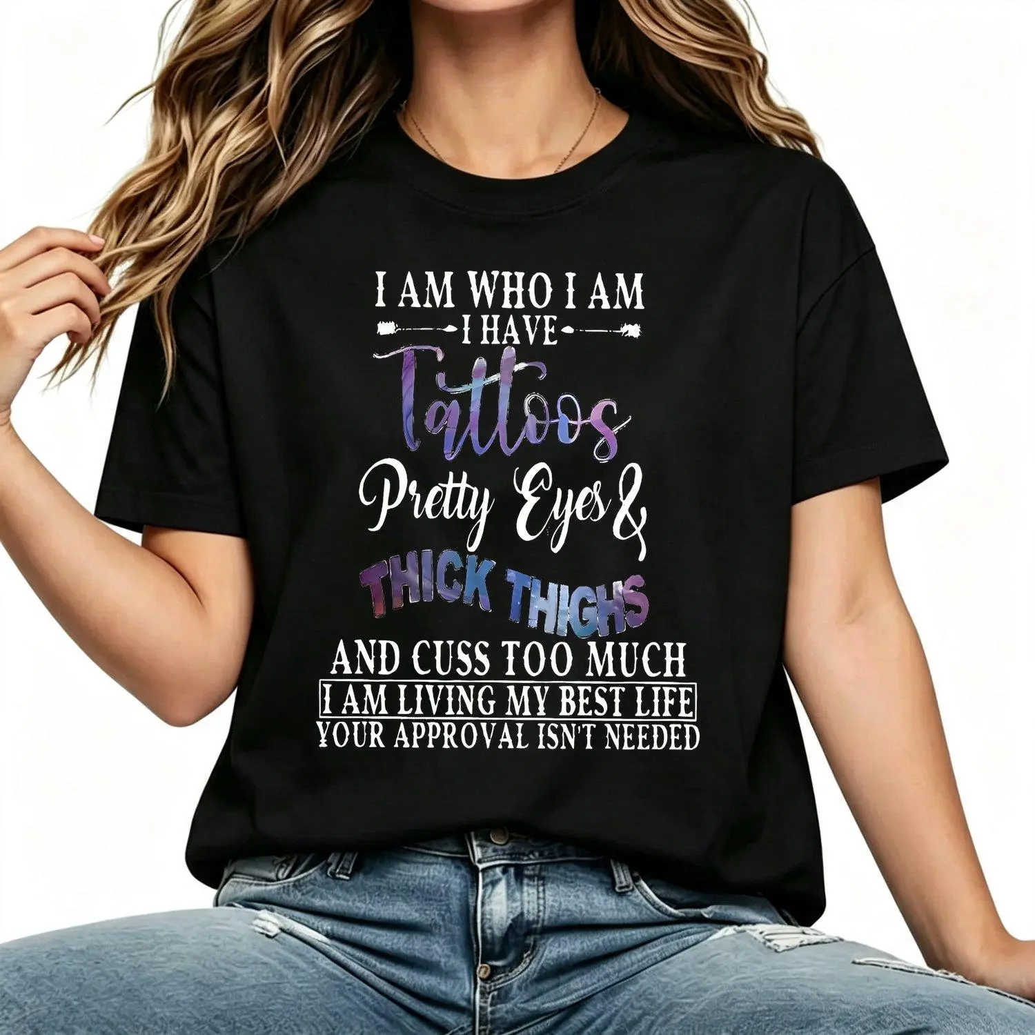 Tattoos Pretty Eyes and Thick Thighs Printed Women T-shirts hoodie sweatshirt Aesthetic tatoo merch summer outfits style streetwear Nun top y2k graphic tees Memorial day Casual style