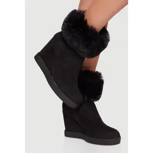 Faux Fur Cuff Almond Toe Wedge Booties