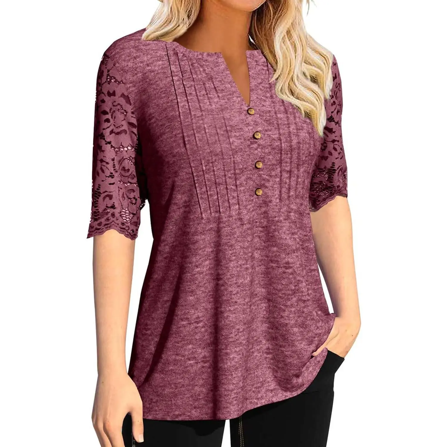 Imily Bela Essentials Women's Lace Sleeve Summer T-Shirt V-Neck Botton Up Basic Solid Color Casual Tunic Tops
