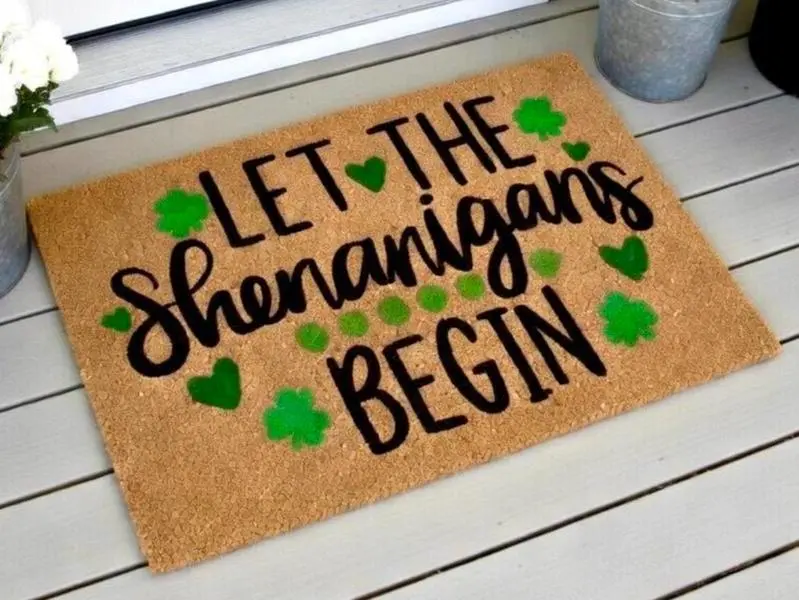 Let The Shenanigans Begin Shamrock Doormat, St. Patrick's Day Housewarming Gift Door Mat, Closing Gift, St Patricks Day Decor, Welcome MAt