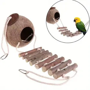 Natural Coconut Shell Bird Nest with Climbing Ladder, Cozy Hanging Parrot Wooden House for Small Pets, Durable Bird Shelter Accessory, Roosting Perch, Hanging Birdhouse, Wooden Bird Houses