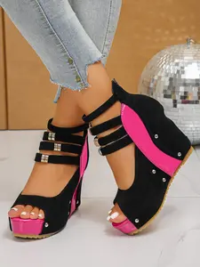Women's Summer Wedge Heel Thick Sole Sandals, Fashion Sport Punk Rivet Three Straps Colorblock Chunky Heels, Party Holiday Shoes