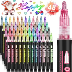 48/36/24 Color Marker Pen Set, Dual Line Contour Pens, Dreamy Glitter Metallic Markers, Soft Tip Water-Based Art Painting Pens