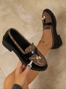 Women's Leopard Patchwork Loafers, Metal Fringe Detailing, Thick Sole Comfort, Vintage Wild Style, Perfect for Daily Wear & Office Commute, PU Leather Loafers
