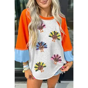 Light Grey Thanksgiving Turkey Sequin Graphic Color Block Long Raglan Sleeve Top Can be used with raincoat
