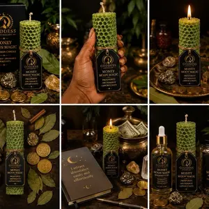 Goddess Apothecary Money Candle Hand-Rolled Beeswax Decor Candle - Dressed with Herbs, Intention Oils - Spiritual Candle