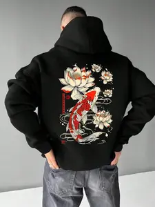 Men's Casual Street Style Hoodie with Carp & Lotus Print, Drawstring Pocket Design, Warm Inner Lining, Perfect Gift for Fall Winter
