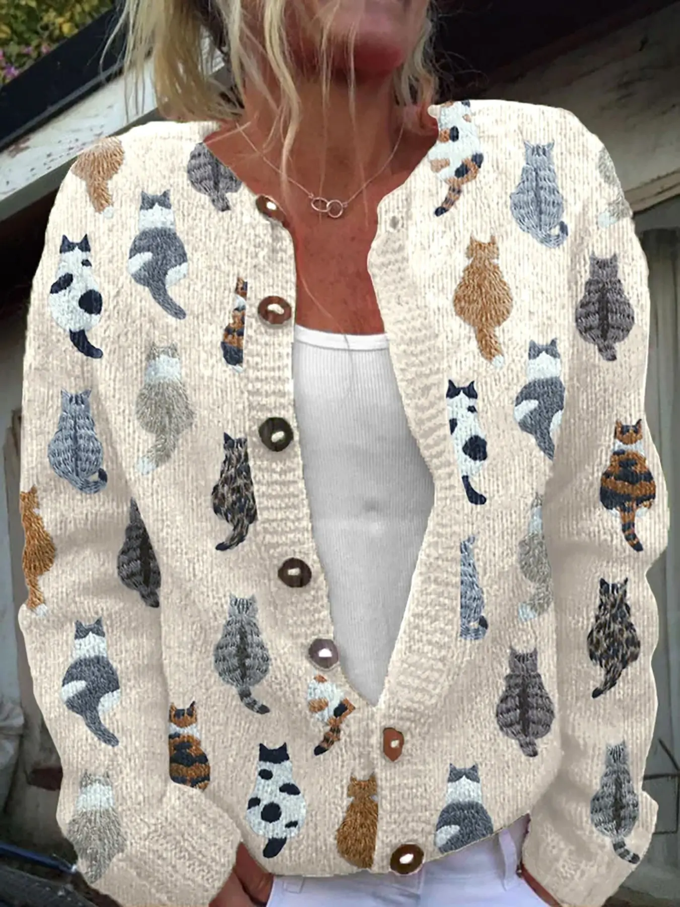 Women's Casual Cat Pattern Open Front Knitting Knitwear Cardigan, Lightweight Long Sleeve Pullover with Buttons, All Seasons Loose-Fitting Top