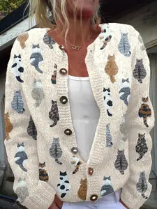 Women's Casual Cat Pattern Open Front Knitwear Cardigan, Lightweight Long Sleeve Pullover with Buttons, All Seasons Loose-Fitting Top