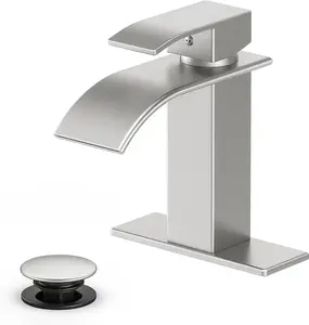 Bathroom Faucet Brushed Nickel Modern Waterfall Bathroom Sink Faucet with Single Handle Suitable for 1 or 3 Holes,Supply Deck Plate and Hose