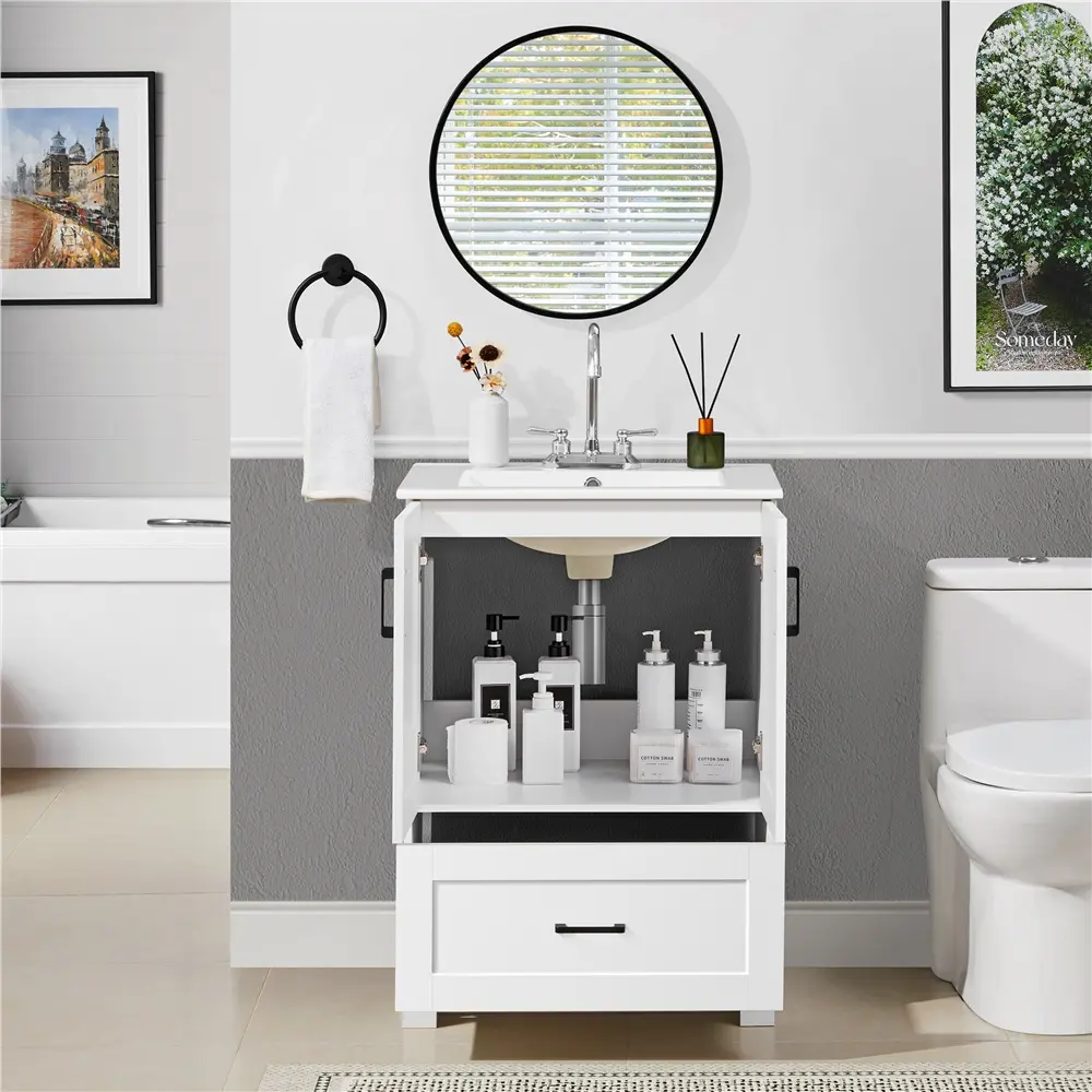 Costoffs Modern Bathroom Vanity with Rectangle Ceramic Sink, Freestanding Non-Plastic Flat-Top Drawers Floor Cabinet with Drawer & Door, Drawers Floor Cabinets, Flat-Top Floor Cabinets