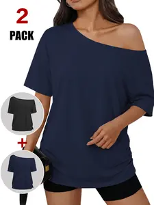 TFNOSIZE2PACKWomen’s Must-Have Layering Piece Short-Sleeve Off-Shoulder Loose T-Shirt New Sexy Asymmetrical Shoulder Design Casual Street Style Spring and Summer Fashion Item Comfortable, Simple, Breathable, and Versatile Everyday T-Shirt Fashion Clothing