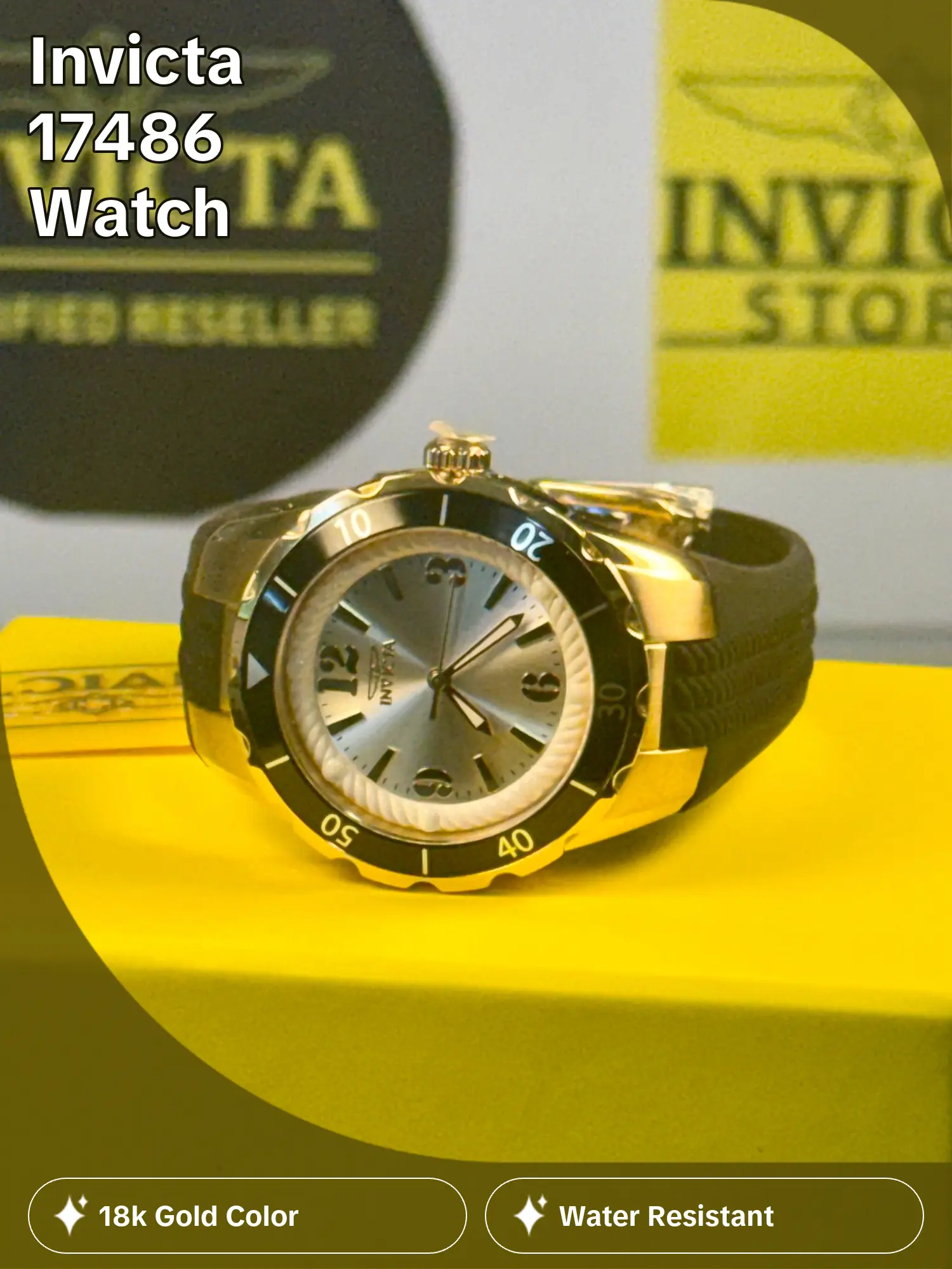 Invicta 17486 Angel Women's Fashion Watch, 38mm 18k Gold-Plated Case, Black Dial, Polyurethane with Stainless Steel Inserts Band, Crystal Quartz-Dark Quartz Watch, NIB Sport Shabby Chic