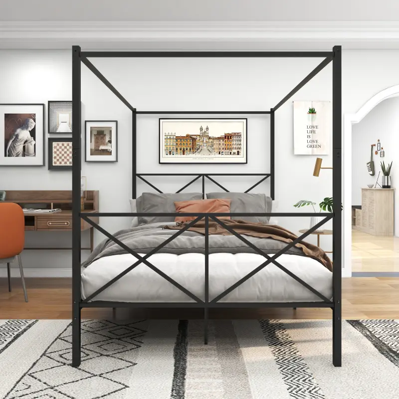 Queen Size Canopy Bed Frame with Headboard and Foot board, Metal Platform Bed Frame with 4 Removable Sturdy Posts, Noise Free, No Box Spring Needed