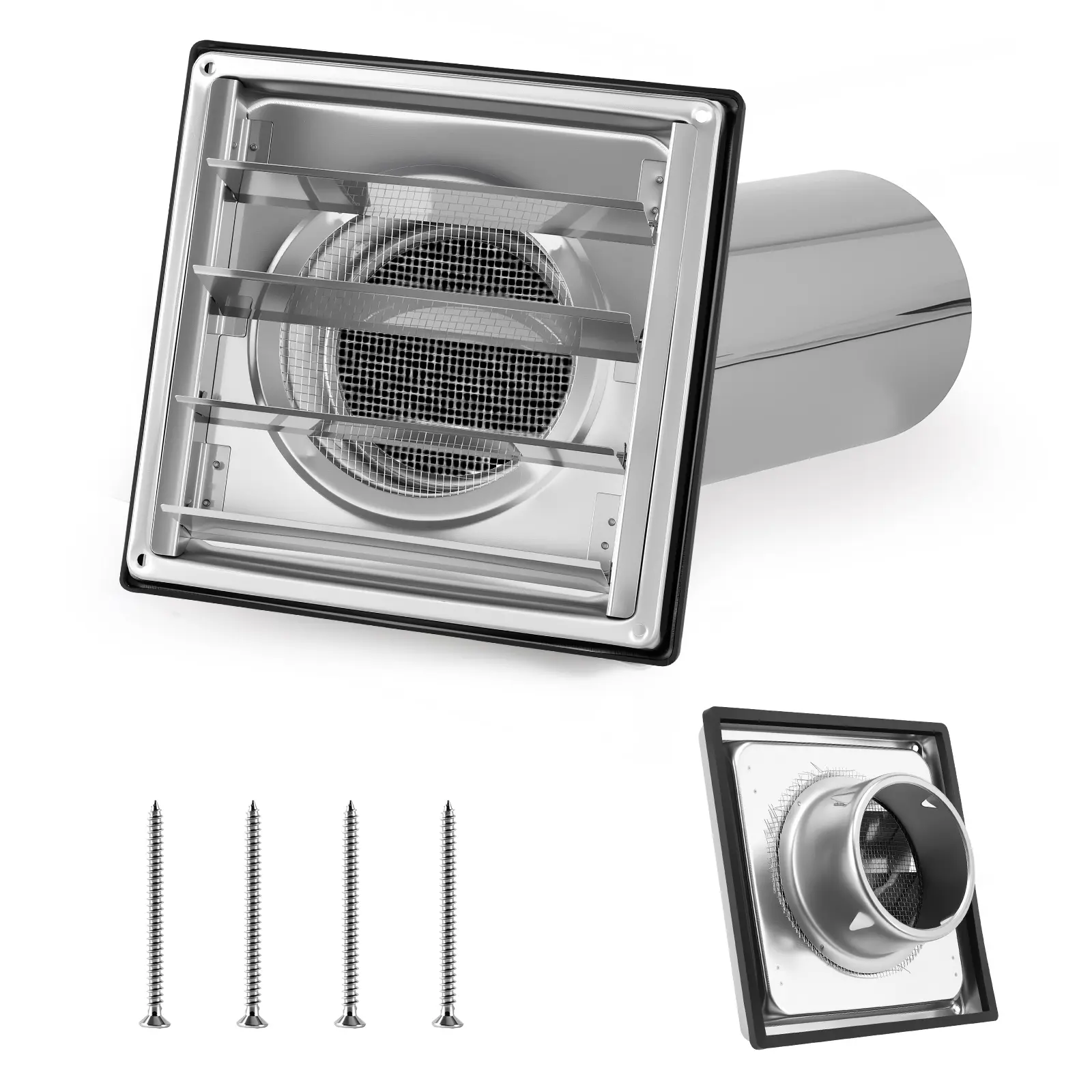 4" Metal Dryer Vent Cover Outside with Removable Extended Pipe, 304 Stainless Steel Outdoor Exterior Wall Air Vent Cover with Louvre for Dryer Vents Range Hood Vent AC Vent