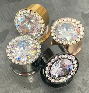 PAIR of Large CZ Gem Rimmed Internally Threaded Tunnels/Plugs - Gauge 2g (6mm) thru 0000g (12mm) in Black, Gold, Rose Gold and Silver!