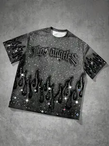 Dark Style Rhinestone Flame Print Short Sleeve T-Shirt, Distressed Background, Full Rhinestones, Millennial Street Rebel Vibe