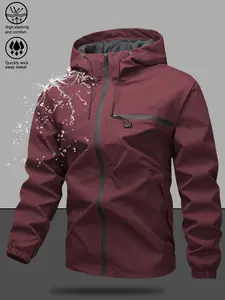 Men's Plain Waterproof Windproof Drawstring Zip Up Hooded Jacket Coats, Casual Long Sleeve Zipper Pocket Design Outerwear for Outdoor Activities, Men's Clothes for All Seasons, Menswear