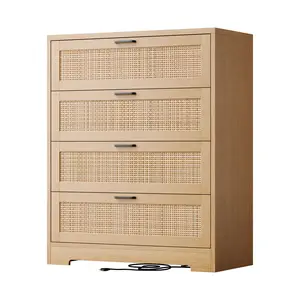 Tall Rattan Drawer Dresser with Built-In Power Outlet, 4-Drawer Wood Storage Chest with Charging Station, Accent Organizer for Bedroom, Closet, Living Room or Hallway