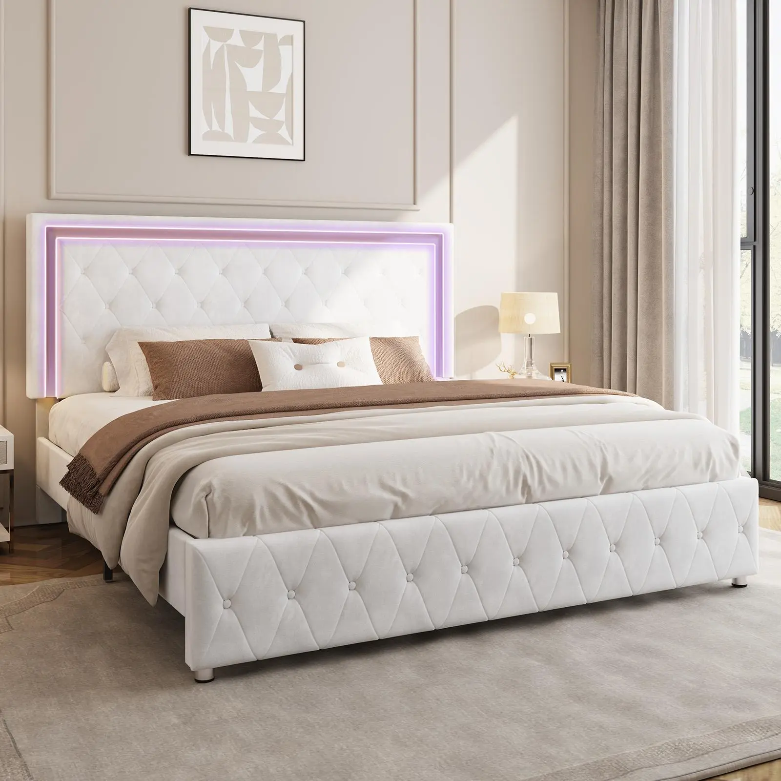 [Summerwins] [SummerFinds] AMERLIFE Modern Bed Frame with RGB LED Lights, Adjustable Headboard Velvet Button Tufted/Acrylic Mirror Accents/Smart APP&Remote Control/No Box Spring Needed/Furniture Room/Full/Queen Size/Best Gift Ideas/Christmas Gifts