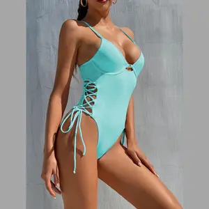 Blue Lace Up One Piece Underwired Swimsuit