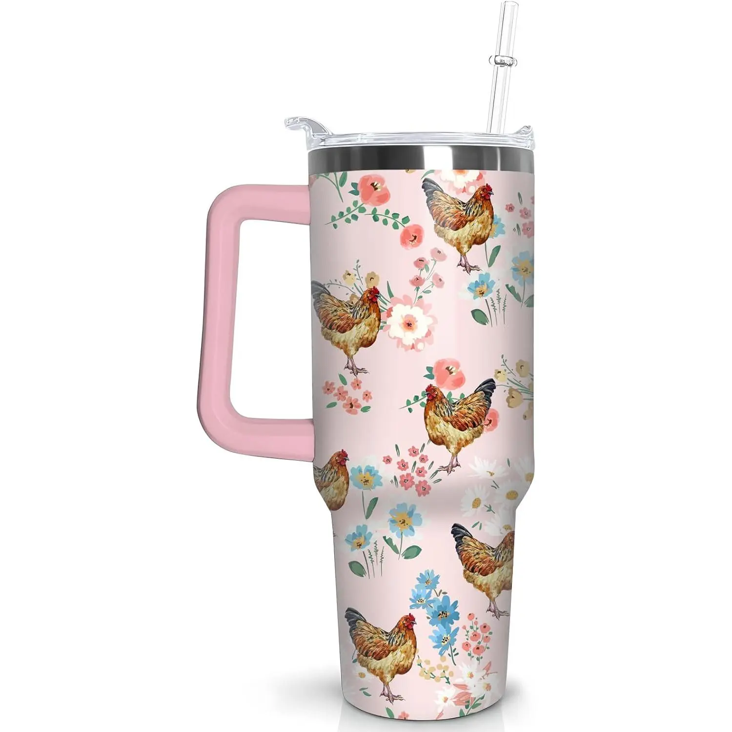 Women's 30oz Double Wall Insulated Stainless Steel Vacuum Flask - Portable Reusable Casual Tumbler, Kitchenware Drinkware with Handle, Straw, Lid, Pink Flowers Rooster Design, Coffee Compatible, Girls' Cute Birthday Gift