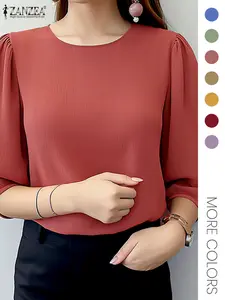 Women's Basic Plain Fitted Bishop Sleeve Keyhole Neckline Blouse, Shirts, Casual 3/4 Length Sleeve Top for Spring & Fall, Women's Clothing for Daily Wear