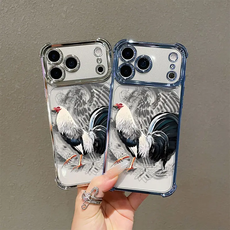 Electroplated Cool Rooster Customized Cellphone Casing - 4-Corner Airbag Shockproof Transparent Protective Cover for iPhone 17 Pro Max/16/15/14/13/12/11 Pro Max/Plus, Mobile Devices Accessories