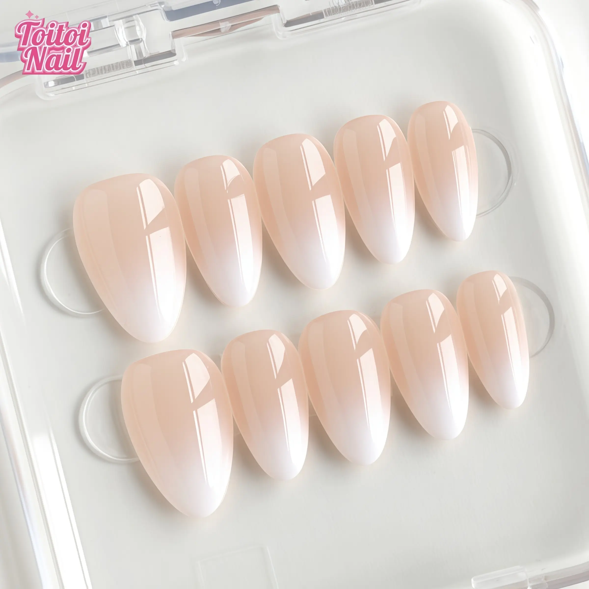 Nude Ombre Handmade Press-On Nails | Short Almond Shape, 10pcs | Minimalist Nude Ombre Design, Nail Art Design | Nude Base & White Tip Gradient Accents | Reusable DIY Nail Set for Women | Trendy Nails for Dates & Daily Wear | Clean Soft Minimalist Look