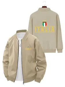 Casual Fashion Men's Italy Team Badge and Letter Printed Baseball Jacket for Daily Casual Wear and Outdoor Activities