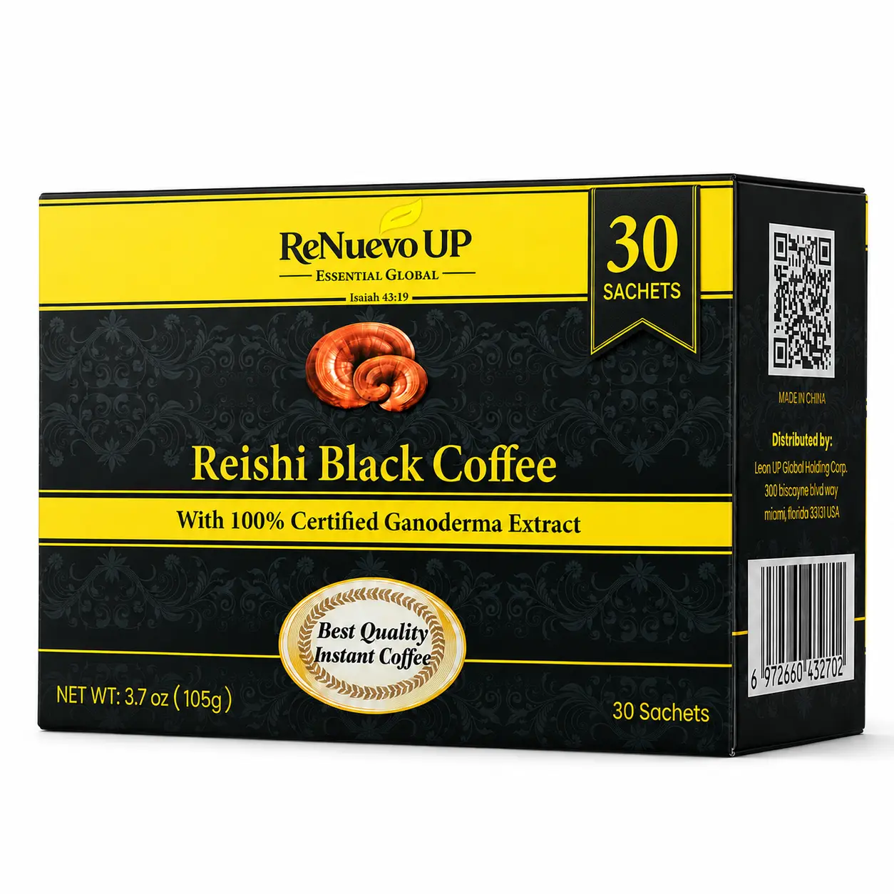 ReNuevo UP Reishi Black Instant Coffee with Ganoderma Mushroom Extract, 30 Single-Serve Sachets, 3.7 oz (105 g)