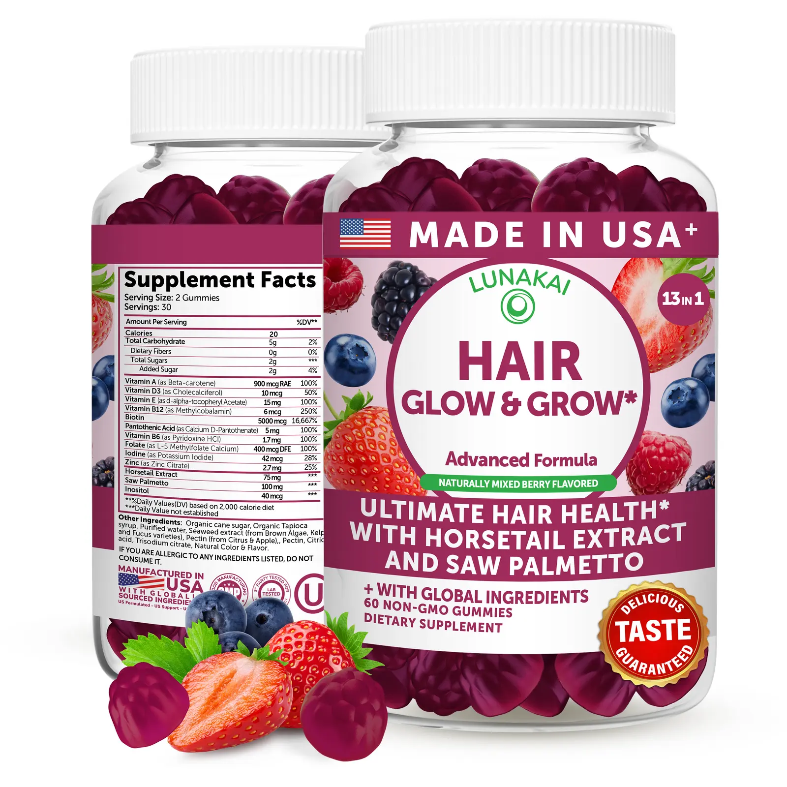 Lunakai USA Made Biotin Gummies 5000mcg with Vitamin C & E - Delicious Hair Skin Nails Vitamins for Women, Non-GMO, Hair Growth Supplement, 60 Ct