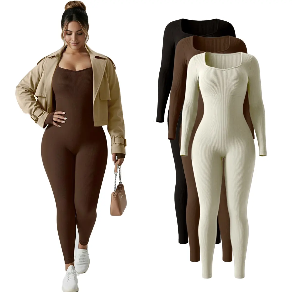 Women's Ribbed Seamless Skinny Jumpsuit - Square Neck Long Sleeve Nylon Blend Bodycon Activewear with Tummy Control, Hip-Lifting for Yoga, Gym - Athletic Training Apparel, Sporty Chic, Beach Days, Fitted Stretch Women's Jumpsuits