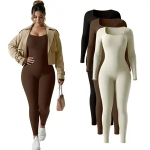 Women's Long Sleeve Workout Jumpsuit Square Neck Ribbed Seamless Yoga Romper Bodycon Tummy Control Premium Fabric Blend Moisture-Wicking Breathable Skin-Friendly Fitness Sport Outfits Activewear Clothing