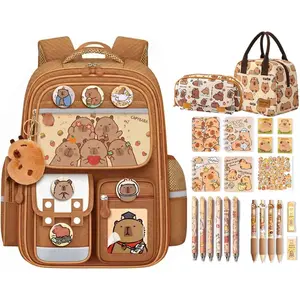 Waterproof Capybara Backpack,Large-capacity Kawaii capybara bag with 31-Piece Accessories (Pencil case, notebook, sticky notes, lunch bag, gel pen and others)