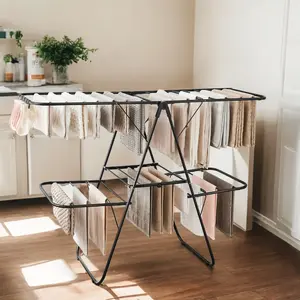 2-Level Foldable Clothes Drying Rack with Height-Adjustable Wings, Free-Standing Laundry Rack Clothes Dryer, 33 Drying Rails, and Sock Clips