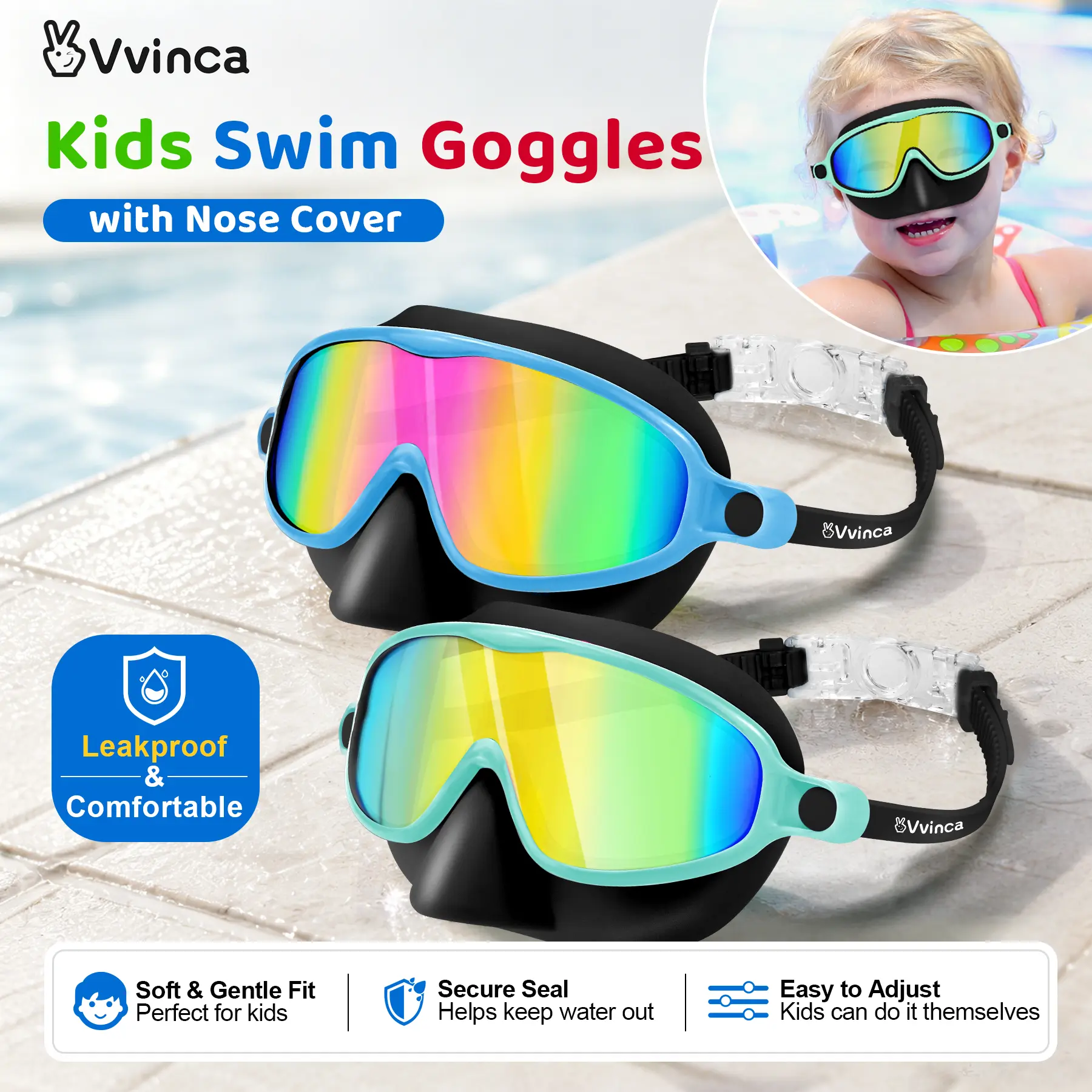 [BackToSchool] Vvinca Swim Goggles 2 Pcs with Nose Cover for Ages 3-6/6-12+ Kids,Youth,UV Protection Anti-Fog Wide View Anti-Shattered Lens for Boys and Girls-Safety anti-uv swim glass anti-fog swimming goggles for Lake,Beach, Summer Party