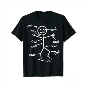 Funny Ow Stick Figure Ow Everywhere Graphic Cotton T-Shirt, Unisex Comfort Crew Neck Outfit, Perfect Humorous Gift For Senior & Pain Sufferers