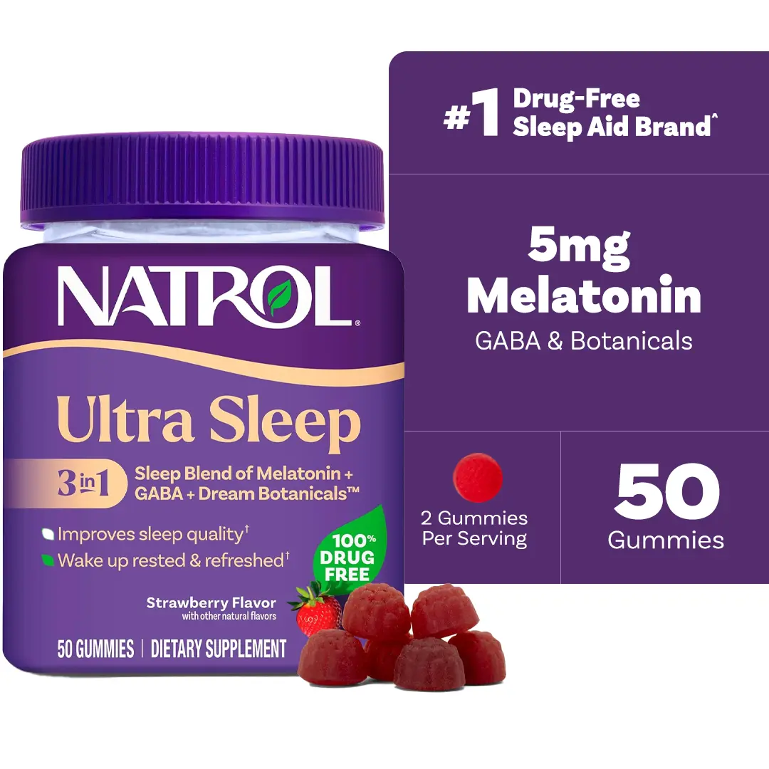 Natrol Ultra Sleep 3-in-1, 5mg Melatonin, GABA & Botanicals, 50 Gummies | Improve Sleep Quality, Wake Up Rested & Refreshed, Strawberry Flavor, Dietary Supplement, 100% Drug-Free, Non-Habit Forming