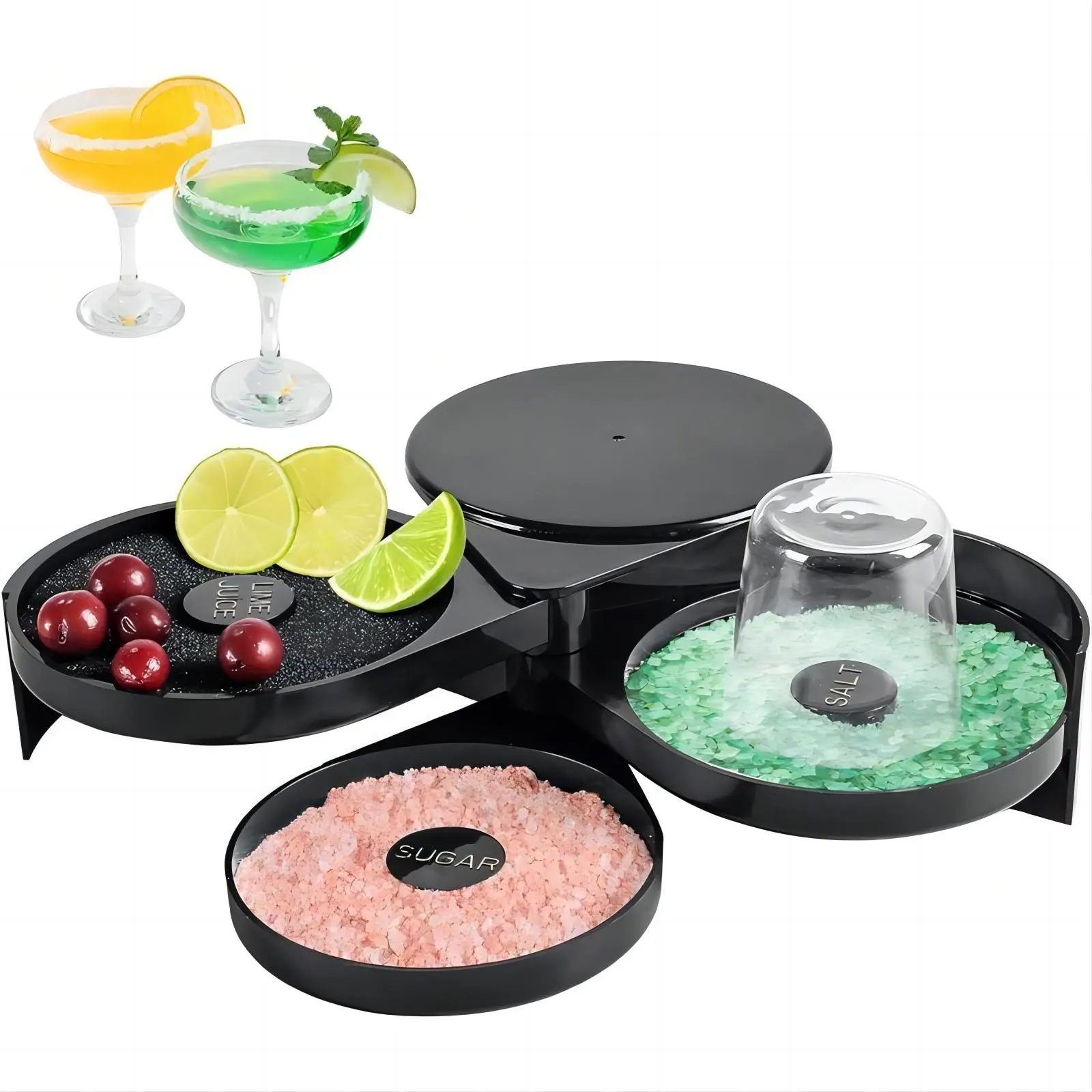 Cocktail Margarita Seasoning Box, 3-tier Bar Glass Rimmer, Professional Margarita Salt, Sugar, and Lime Rim Tray with 1 Sponge, Home Kitchen Accessories for Parties
