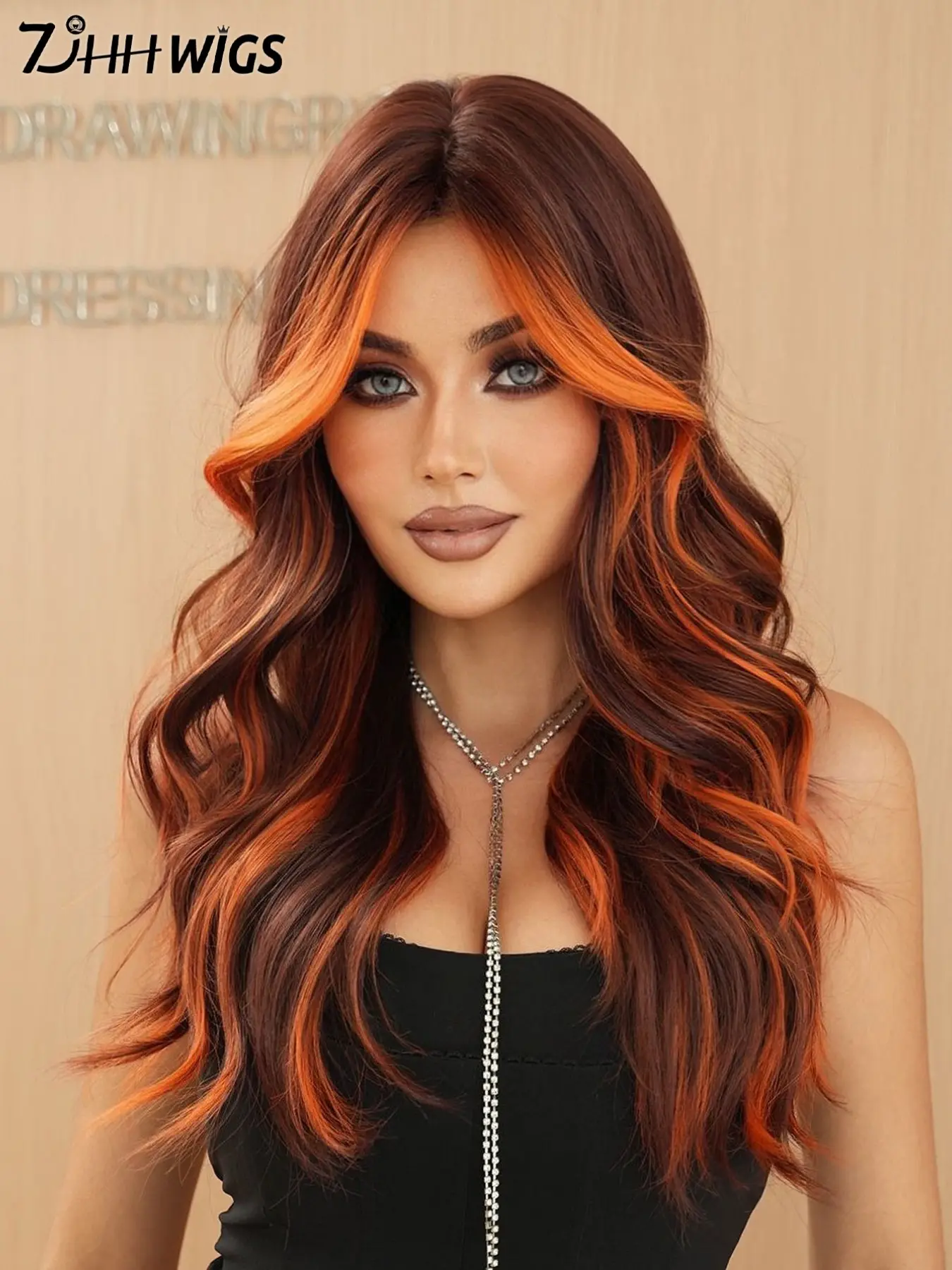 26 Inch Long Wavy Highlight Brown Synthetic Hair Wig for Women, Natural-Looking Fluffy Texture with Curtain Bangs, Loose Wave Wig for Party and Daily Use