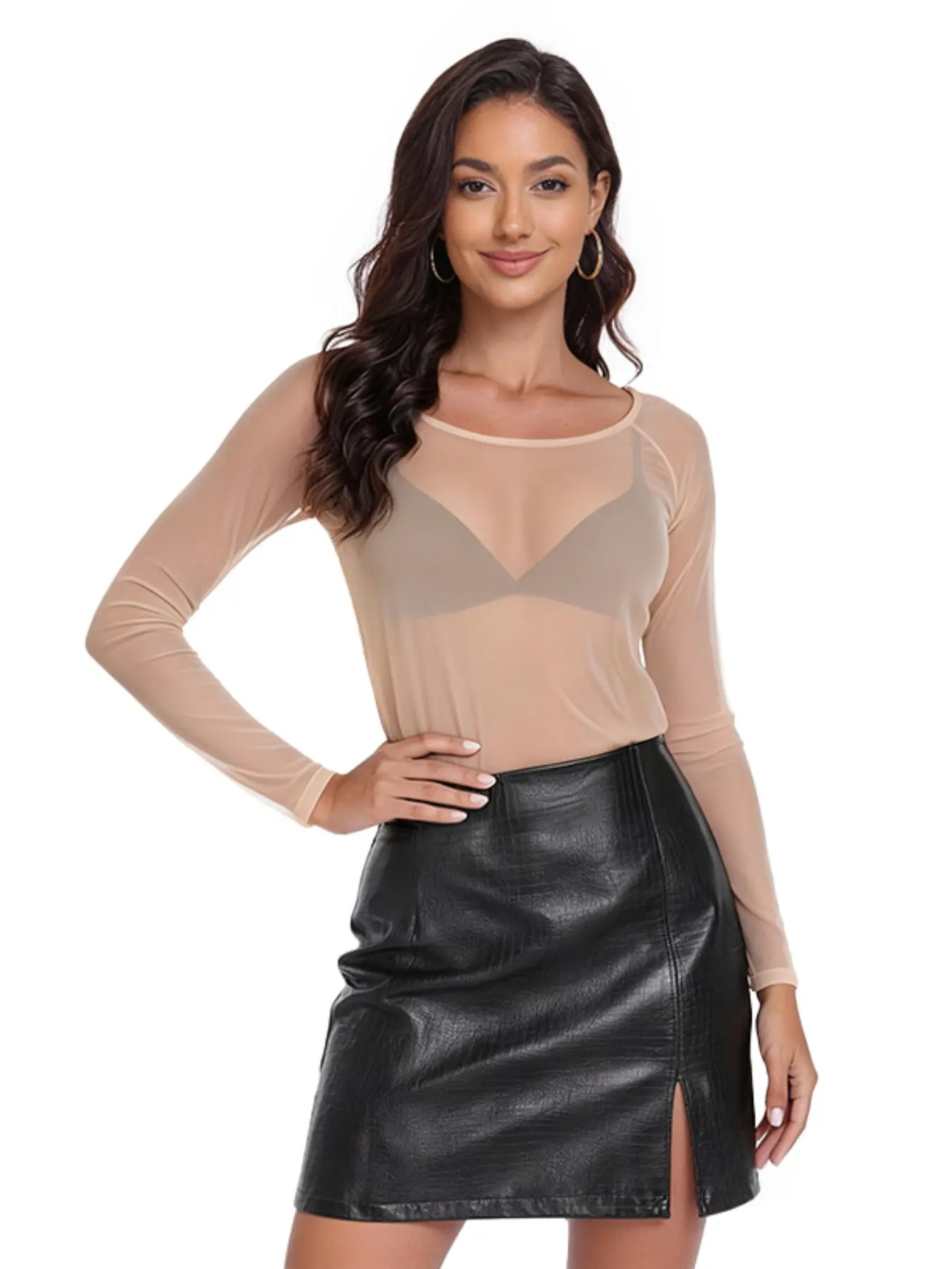 Women's Round Neck See Through Mesh Sheer Design Long Sleeve Bodycon Underwear Top, Round Neckline, Slim Fit Inner Wear, Comfortable and Stylish, Womenswear, Style