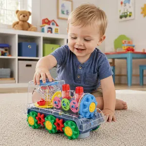 Transparent Gear Light-Up Crawling Train Toy - Battery-Powered Crawler with Flicker Lights, Early Music Education Toy, Birthday Gift for 6+ Kids