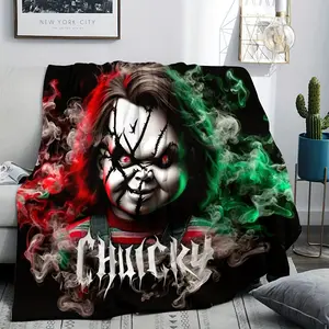 1pc Vintage Chucky Print Flannel Fleece Throw Blanket - Hypoallergenic, Machine Washable, All-Season Cozy Soft Polyester Knit Fabric, Multipurpose for Sofa, Home, Office Nap, Camping - Digital Print Gift Blanket