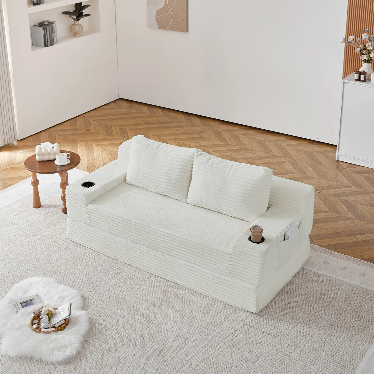70.8 Inch 2-in-1 Corduroy Fold Out Sofa Bed with 2 Throw Pillows, Armrest Built-in Cup Holders & Side Storage Pockets, Convertible Lounge Chair for Living Room Bedroom